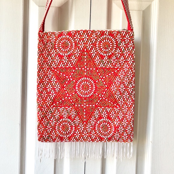 Vintage Handbags - Vintage Beaded Purse Red Colorful Boho Shoulder Bag with Tassels